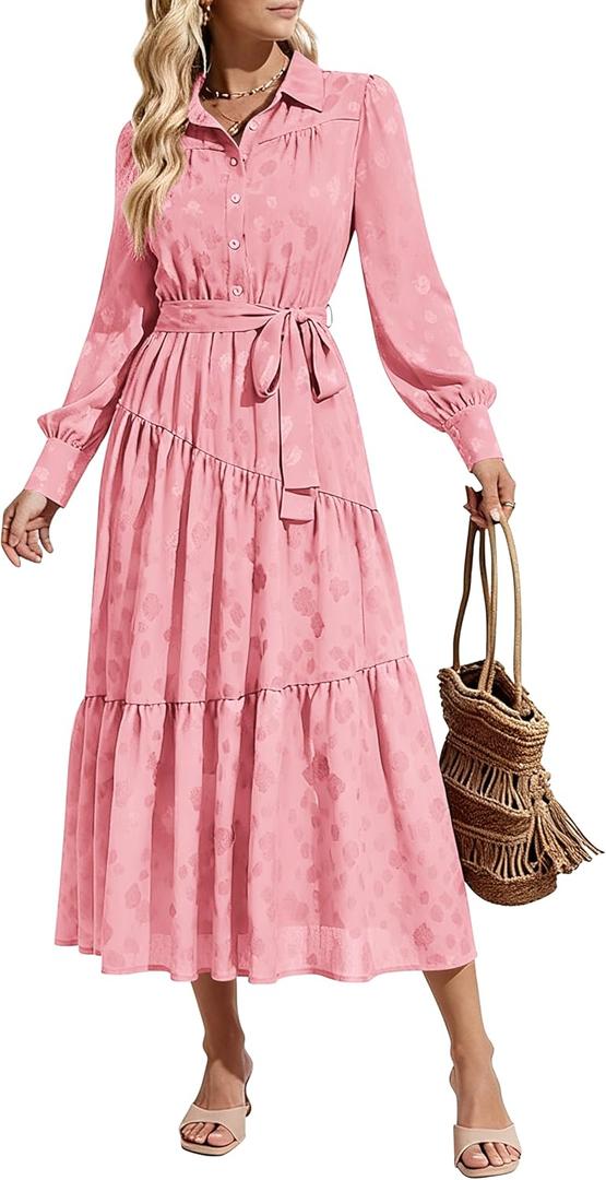 dowerme Women's Casual Dresses 2025 Fall Fashion Long Sleeve Button Up Floral Print Belted Tiered Boho Maxi Party Dress (Pink) XL