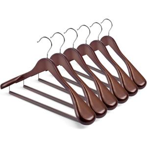 HOUSE DAY Wide Shoulder Wooden Hangers, Wood Suit Hangers with Non Slip Pant Holder, Heavy Duty Coat Hangers for Closet, Wooden Clothes Hangers for Suits, Coats, Jackets, Shirts (6 Pack, Walnut)