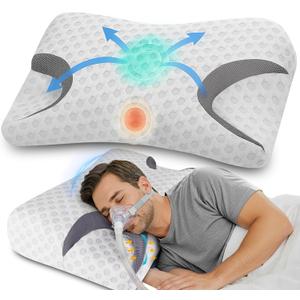 IKSTAR CPAP Pillow for Side Sleepers  Fits All CPAP Mask Types  Adjustable Memory Foam with Contoured Cutouts for Side, Back & Stomach Sleepers  Reduces Air Leaks & Mask Pressure a Better Sleep (Queen-22.8"Lx14.9"Wx(3.9"/3.7")H, White)