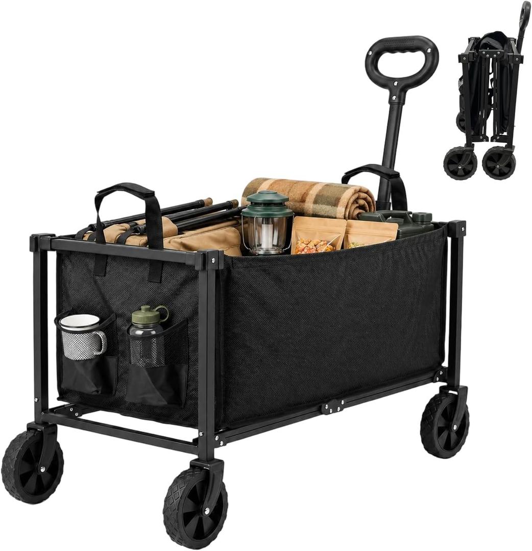 Heavy Duty Collapsible Folding Wagon Cart 150L, 440LBS Weight Capacity with 4 All-Terrain Wheels, Quick Fold Utility Cart with Handle for Camping Garden Sports Grocery Beach Shopping (Black)