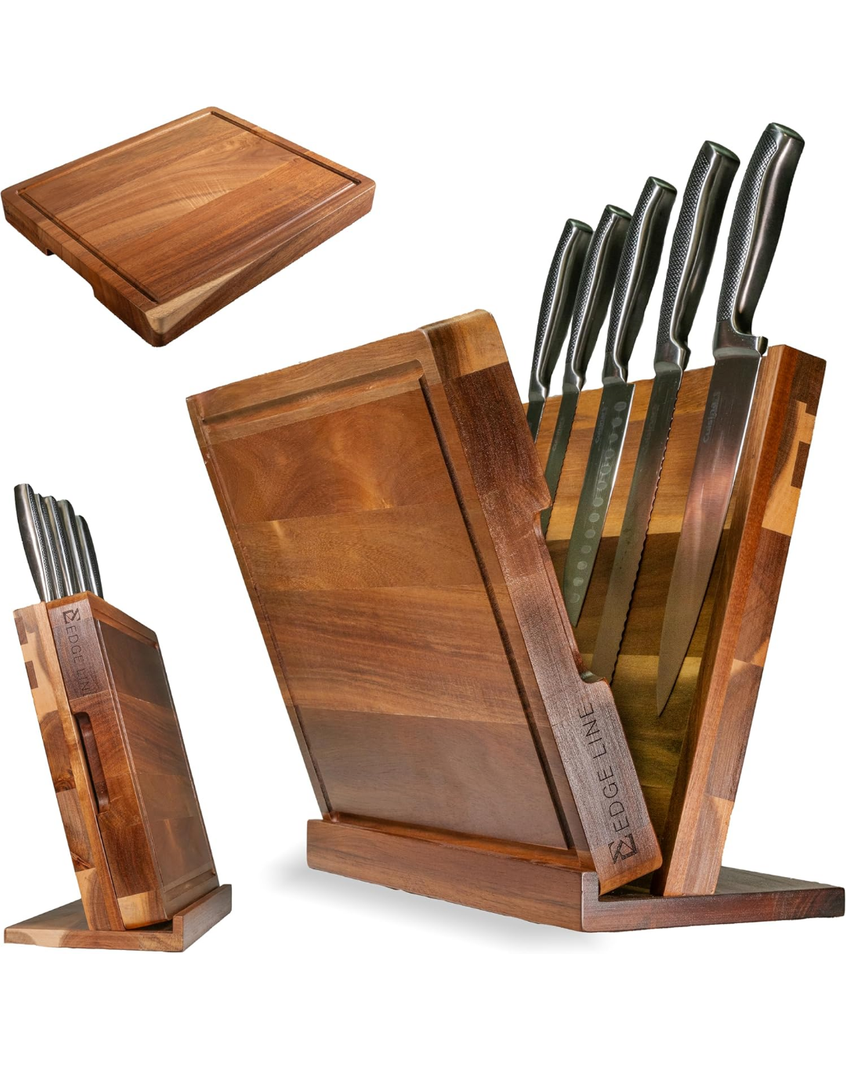 EDGE LINE Magnetic Knife Block Holder With Large 14 x 12 Inch Cutting Board, Premium Acacia Hard Wood Magnetic Knife Holder Rack for Kitchen Counter, 1.5 Inch Thick Butcher Block Cutting Board