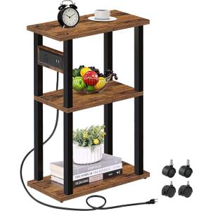 TUTOTAK Small Narrow Side Table with Charging Station, Skinny End Table for Small Spaces, Slim Nightstand with USB Ports and Outlet, Sofa Beside Table with Wheels, Brown TB01BB046
