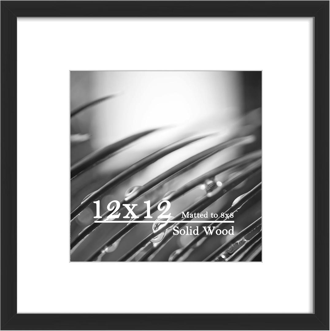 Eletecpro 12x12 Solid Wood Picture Frame with Real Glass Cover, Wooden Square Photo Frame Display Picture 8x8 with Mat or 12x12 without Mat for Gallery Wall and Tabletop, Black Art Decor for Home Black