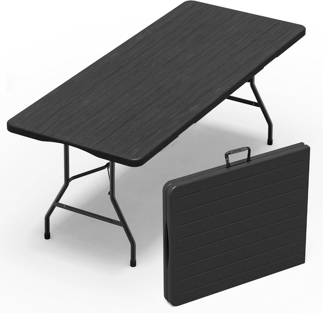 VSOAEIL Folding Table 6 Foot for Indoor Outdoor, Portable Heavy Duty Fold-in-Half Utility Plastic Foldable Dining Table with Carrying Handle for Picnic, Camping and Party, Matte Black, 6 FT - 1 PACK