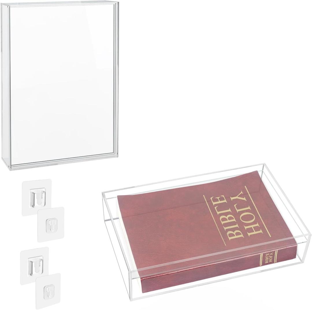 Clear Bible Display Case, 10.2 x 7 x 2.4 Inch Acrylic Wall Mounted & Tabletop Display Case with Self-Adhesive Buckle Mounting, Old Bible Organizer for Book Jewelry Collector