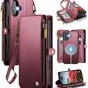 Defencase for iPhone 17 Magnetic Wallet Case Compatible with Magsafe with RFID Blocking Zipper Pocket & Card Holder for Women Men PU Leather Strap Detachable Case for iPhone 17 (6.3 inch), Wine Red