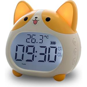 AVEKI Alarm Clocks for Kids - Cute Dog Clock with Night Light, 6 Alarm Tones, Snooze, Timer, Date and Temperature Display - Rechargeable Battery Operated Digital Clocks for Bedroom Kids Room (Corgi)