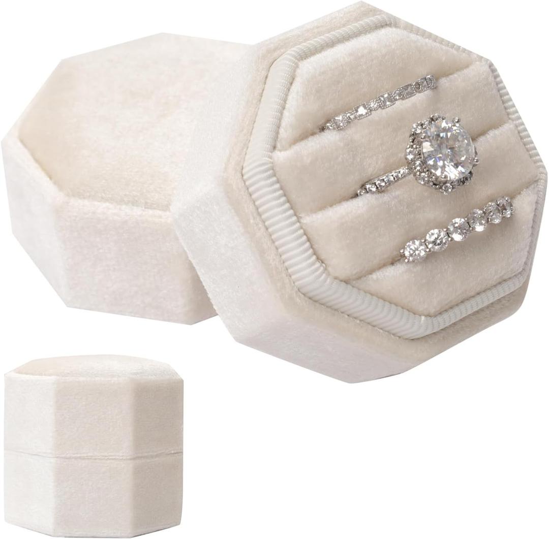 Gvhntk Velvet 3 Slots Jewelry Ring Box Vintage Octagon Ring Display Holder Gift Premium Gorgeous Case with Detachable Lid for Wedding Engagement Proposal Keepsake Ceremony (Beige)