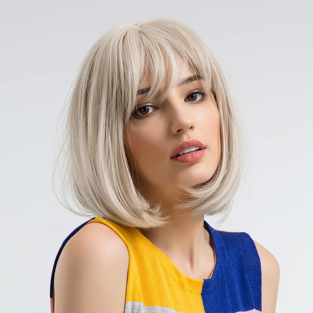 MOSINA Blonde Bob Wig - Short Blonde Straight Bob Wigs with Bangs for Women, Colorful Short Hair Wig, Cute Synthetic Wig for Cosplay, Daily, Halloween (12inch)