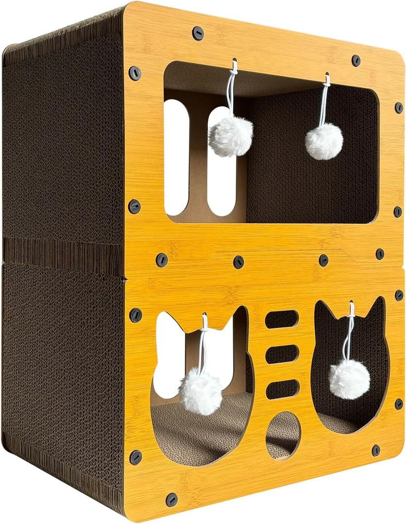 Cardboard Cat House, 2-Tier Large Cardboard Cat Scratcher House with Toys for Indoor Small Cats