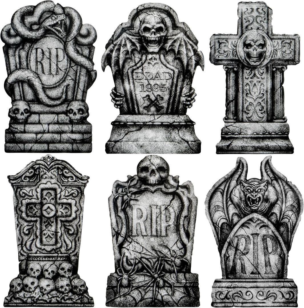 JOYIN 15.7 Halloween Decorations Outdoor Graveyard Tombstones, 6 Pcs Skeleton RIP Plastic Gravestones Halloween Decor with 12 Metal Stakes for Yard Lawn Garden Prop, Party Decor Supplies