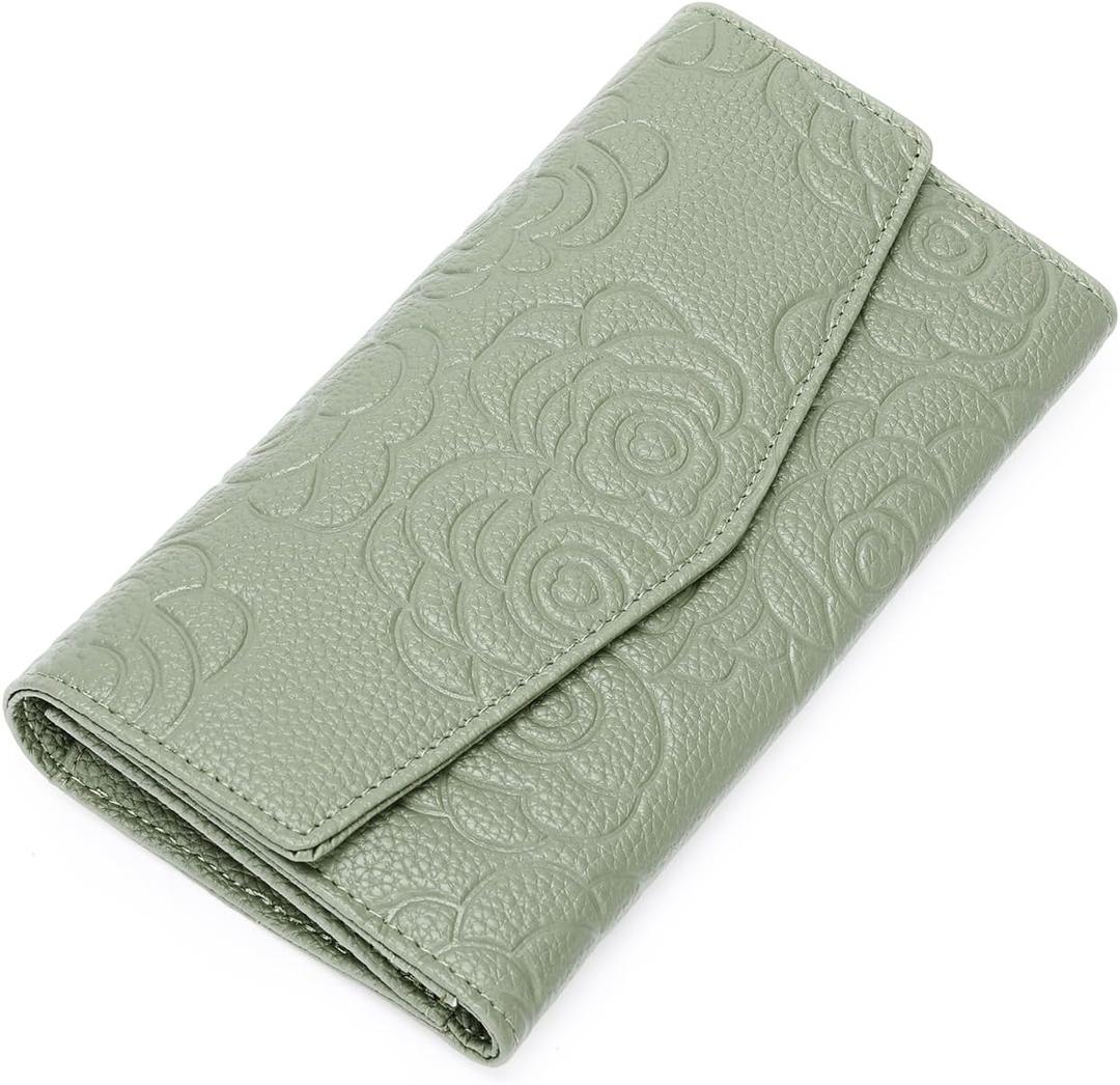 GOIACII Women's Wallet RFID Blocking Credit Card Holder Ladies Clutch Purse with Zipper Coin Pocket Embossed Flower Green