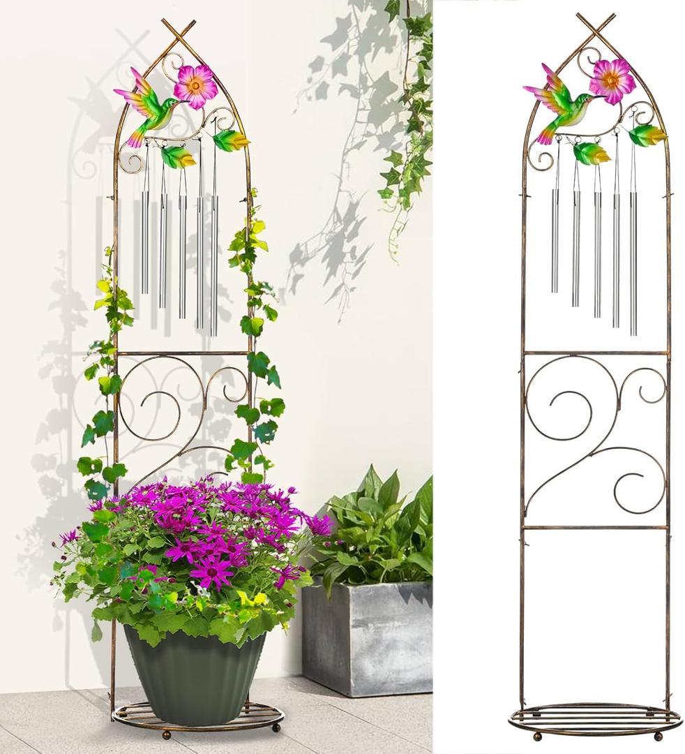 Plant Stands with Garden Trellis, 48 Metal Standing Wind Chimes Plant Pot Trellis with Hummingbird for Garden Patio Backyard Climbing Plants Outdoor Decor