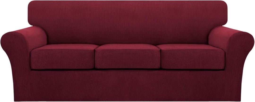 Turquoize 4 Piece Sofa Covers for 3 Cushion Couch Sofa Slipcover Soft Couch Cover for Dogs Washable Furniture Cover with 3 Individual Large Cushion Covers Feature Fabric (Large Sofa, Burgundy)