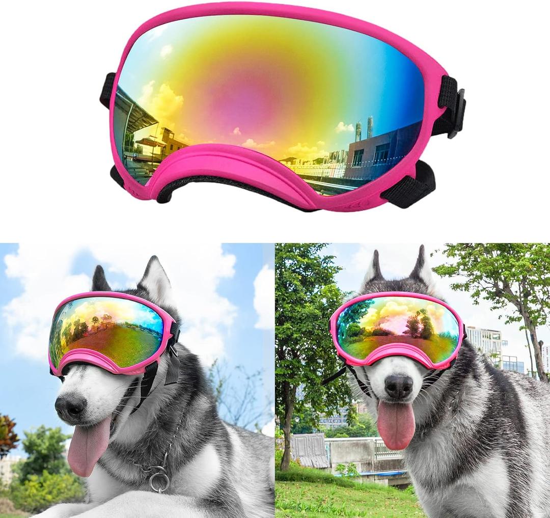 Large Dog Sunglasses, Dog Goggles Large Breed and Medium, UV Protection, Windproof, Dustproof and Snowproof. Shatterproof Lens, Adjustable Strap (Pink)