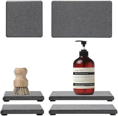 4PCS Water Absorbing Sponge Holder Diatomite Stone Sink Tray Mat, Quick Drying Kitchen & Bathroom Counter Tray Vanity Caddy, Diatomaceous Earth Dish Soap Dispenser Organizer, Dark Gray