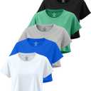 Real Essentials 5 Pack: Women's Dry-Fit Crop Top Short Sleeve Shirts Workout Gym Cropped Athletic Tee (Medium)