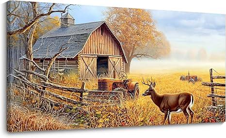 JEAWA Large Framed Canvas Painting - Watercolor Landscape Wall Decor, Country Picture with Wooden House and Green Trees, Cow Art Prints for Bedroom Living Room Home Decoration, 29x58 IN (58L" x 29W")