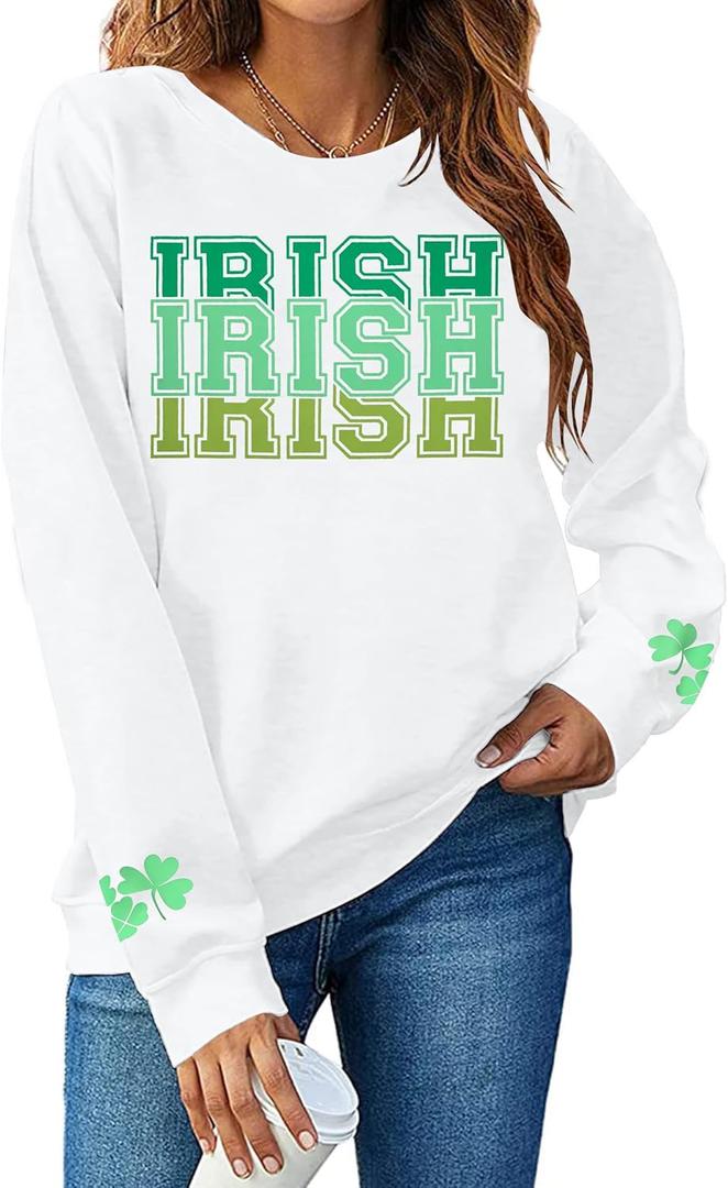 St Patricks Day Sweatshirt Women Shamrock Sweater Notre Dame Shirts Clover Top Irish Gift Long Sleeve Pullover (White, L)