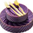 YOUBET 125PCS Purple Plastic Dinnerware Set - Gold and Clear Purple Disposable Plates Include 50 Plastic Plates 75 Silverwares for Wedding Birthday Parties & Party