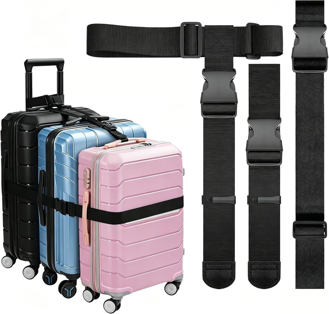 3 Packs Luggage Straps for Suitcases, 2 Luggage Connector Straps & Elastic Strap, Connect Up to 4 Suitcases ＆ Add a Bag, Heavy Duty Adjustable Travel Belt for 20-32 Inch Luggage, Black