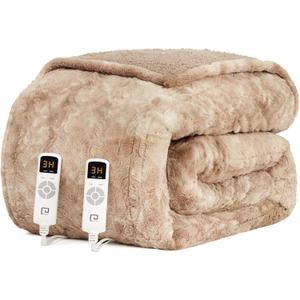 EHEYCIGA Electric Heated Blanket Queen Size Faux Fur, 10 Hours Auto Shut Off 9 Heating Levels Heating Blanket with Dual Control, Soft Warm Heated Blanket Fast Heating Camel, Faux Fur & Sherpa