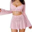 Avidlove Women's Sexy Contrast Lace Mesh Lingerie Set 3pcs Bell-Sleeved Top Lingerie Skirt (Large, Pink)