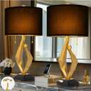 Sculptural Table Lamp Set of 2 with USB Ports For Living Room, Gold Leaf Finish Farmhouse Bedside Lamps with S Cluster Pull Chains Switch for Bedroom, Rustic Nightstand Lamp for Office, Hotel, Bar