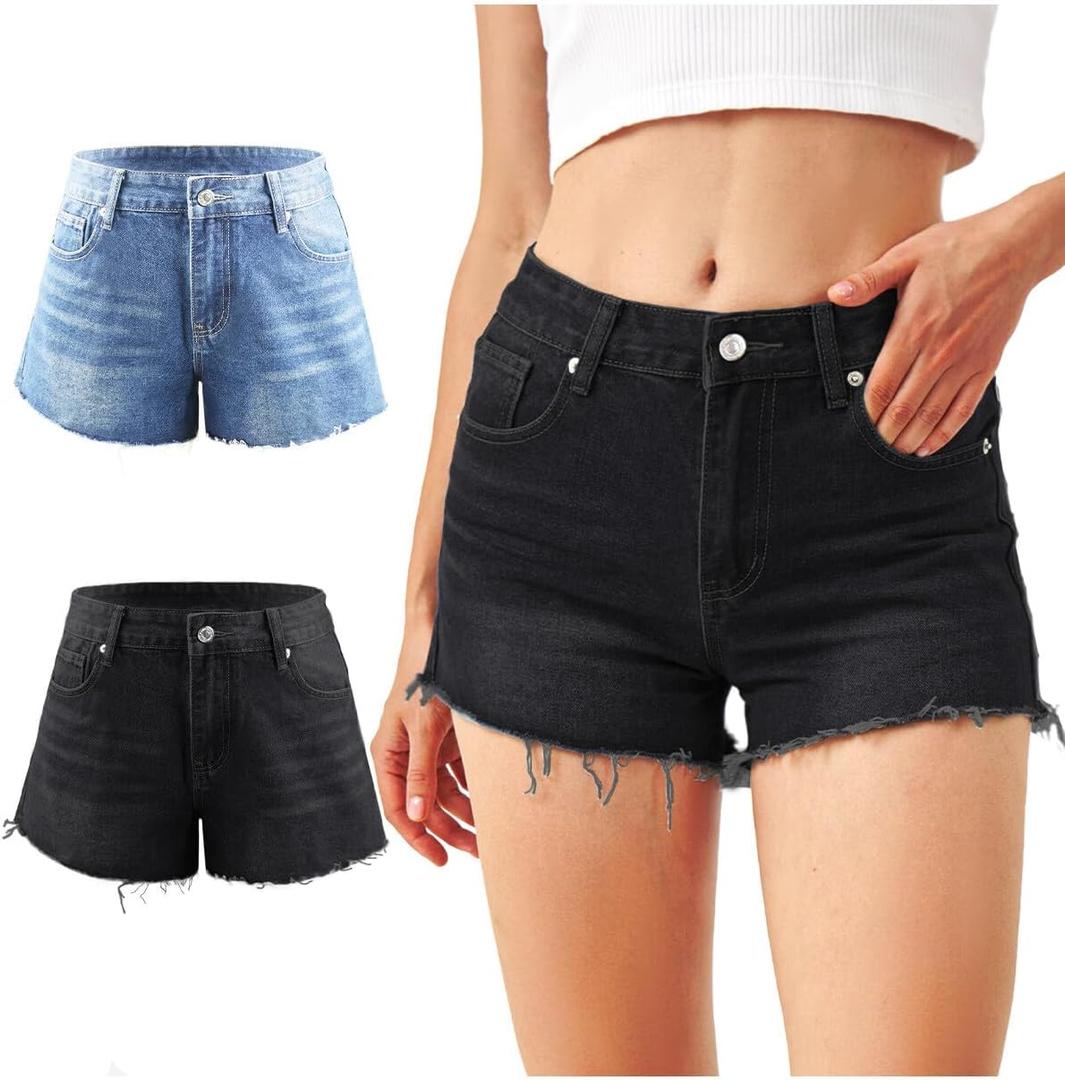 Liloak Womens Pack of Washed Denim Jean Shorts Mid Rise Casual Ripped Frayed Hem Summer Hot Shorts Pack (Medium, Medium Indigo/Black)