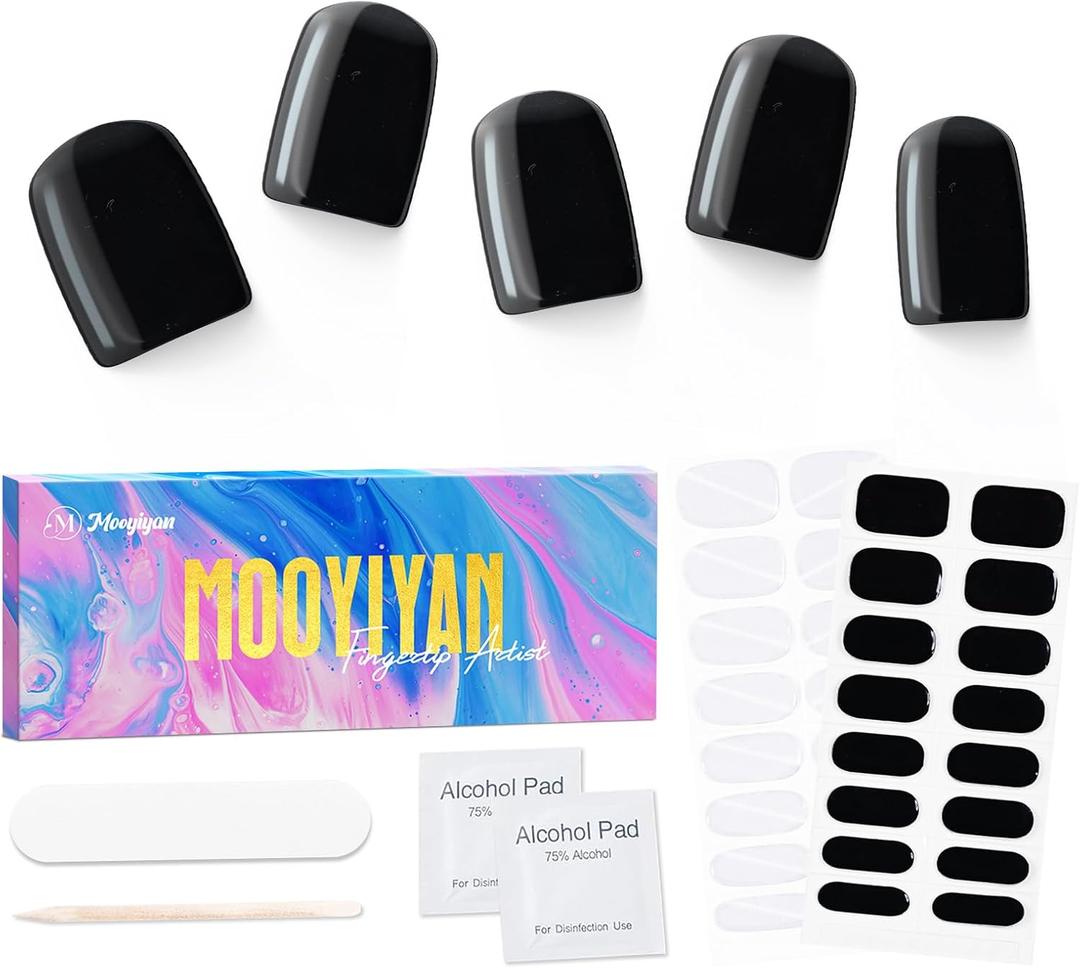 MOOYIYAN Semi Cured Gel Nail Stickers 32 PCS|Cat Eye/Frosted Gel Nail Strips|Compatible with Any UV/LED Lamps|Long-Lasting Real Nail Polish Strips for Women's Decoration (Black/White Monochrome Chic)