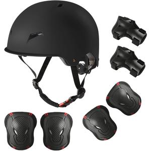 Skateboard Bike Helmet for Adults Adjustable Knee Elbow Pads Wrist Guards Protective Gear Helmets Set Teens for Bicycle Cycling Skate Scooter Bicycle Helmet (LargeHead22-23inch), Black)