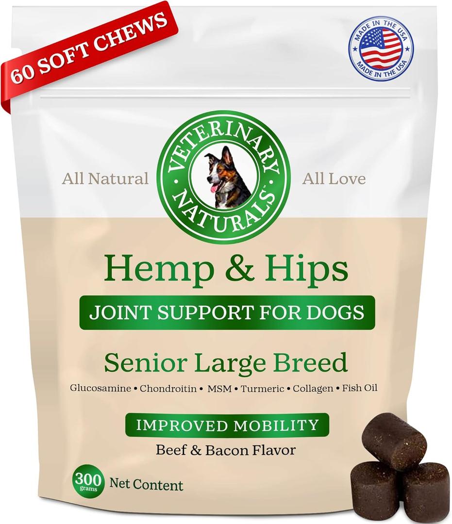 Vet Naturals Hemp & HIPS - Dog Joint Supplement Large Breed - Senior Dog Supplements - Glucosamine and Chondroitin Supplement - MSM & USA Grown Hemp Oil (60ct-Beef and Bacon) (10.56 Ounce (Pack of 1))