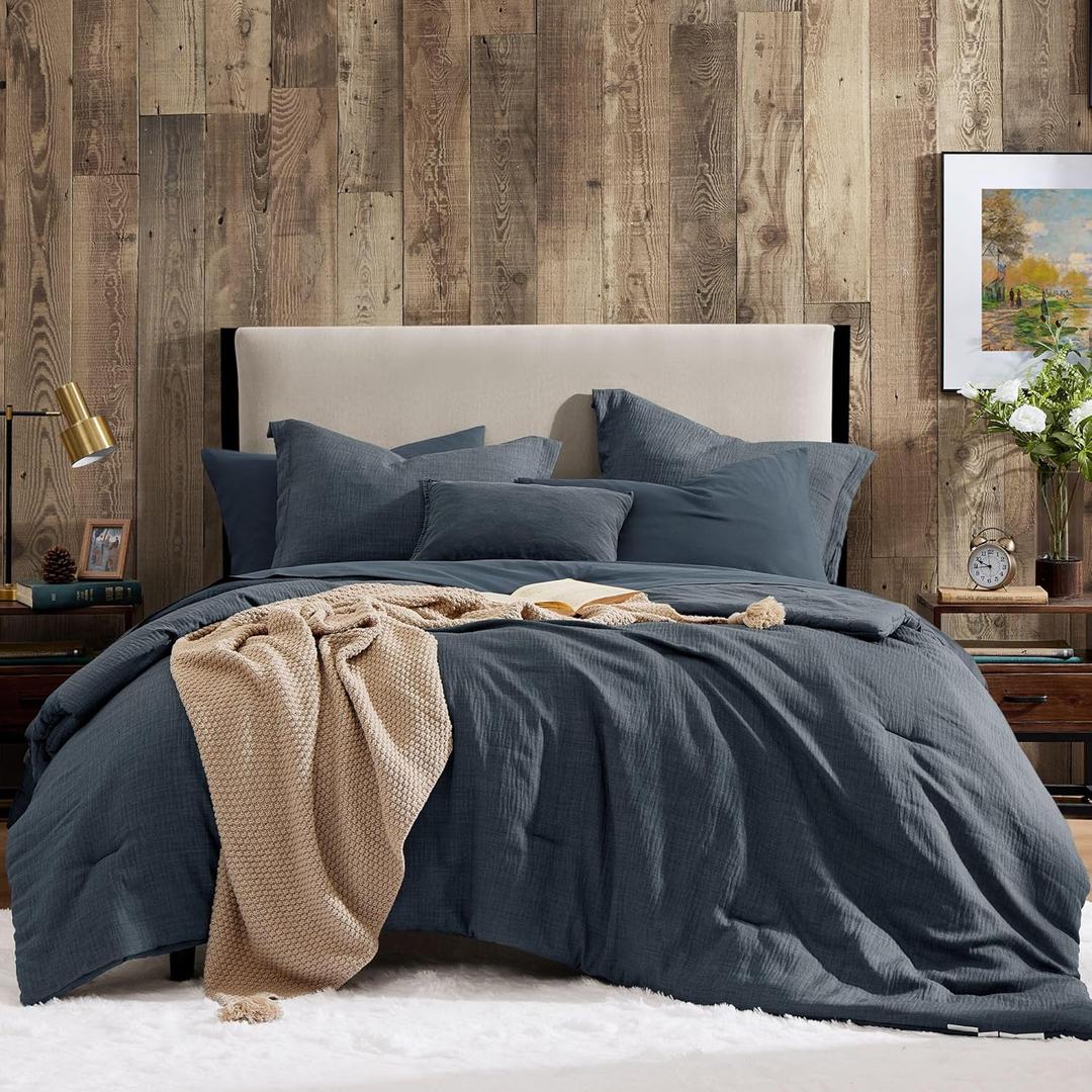 Geniospin King Size Comforter Set- 7 Piece Navy Blue Textured King Bedding Set, Soft Solid Bed in a Bag for All Season, King Comforter Set with Sheets(Navy Blue,102''x90'')