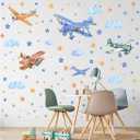 Watercolor Airplane Wall Decals, Classic Aircraft with Stars Clouds Vinyl Wall Stickers,Removable Vintage Airplane Artwork for Kids Boys Bedroom Kindergarten Playroom Decor