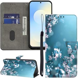 ALILANG for Samsung Galaxy S25 Case/Samsung Galaxy S24 Case, Flip PU Leather Magnetic Protective Cover with Credit Card Holder for Galaxy S24 5G Phone Cases -Plum Blossom