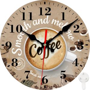 Wall Clocks Battery Operated, Retro Brown Coffee and Cup Silent Non Ticking Decorative Indoor Outdoor Wall Clocks for Living Room Kitchen Bedroom Bathroom 12"