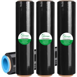 18" x 1500' Black Plastic Shrink Wrap Roll - 80 Gauge, 500% Stretch Industrial Strength Moving Wrap, Heavy Duty Pallet & Furniture Protection - 4 Roll Bundle Stretch Wrap with Handles