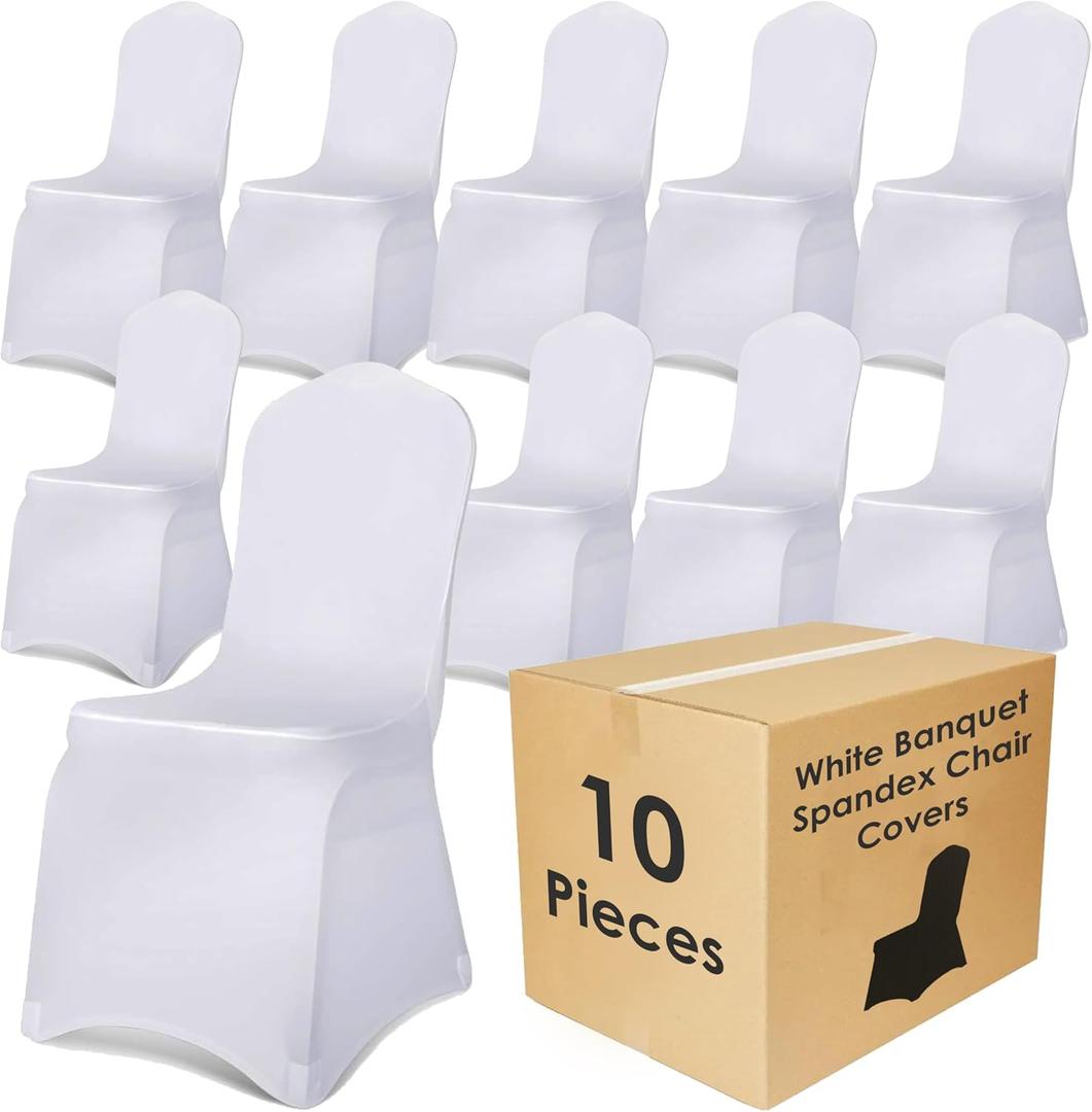 Craft And Party 10 Pack White Spandex Chair Covers  Stretch Polyester Slipcovers for Wedding, Banquet, Party & Dining Chairs  Flat Front Design, Universal Fit