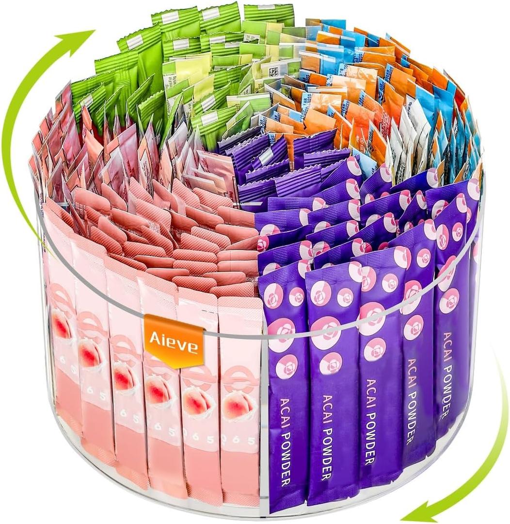AIEVE Drink Packet Organizer, Lazy Susan 360 Turntable Organizer for Drink Mix Hydration Packets, Water Flavor Acrylic Container Tea Bag Holder for Kitchen Storage Organization (Round - 6 inch)