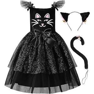 ReliBeauty Black Cat Costume for Girls Kitty Costume Halloween Toddler Dress with Accessories, 4T4/110