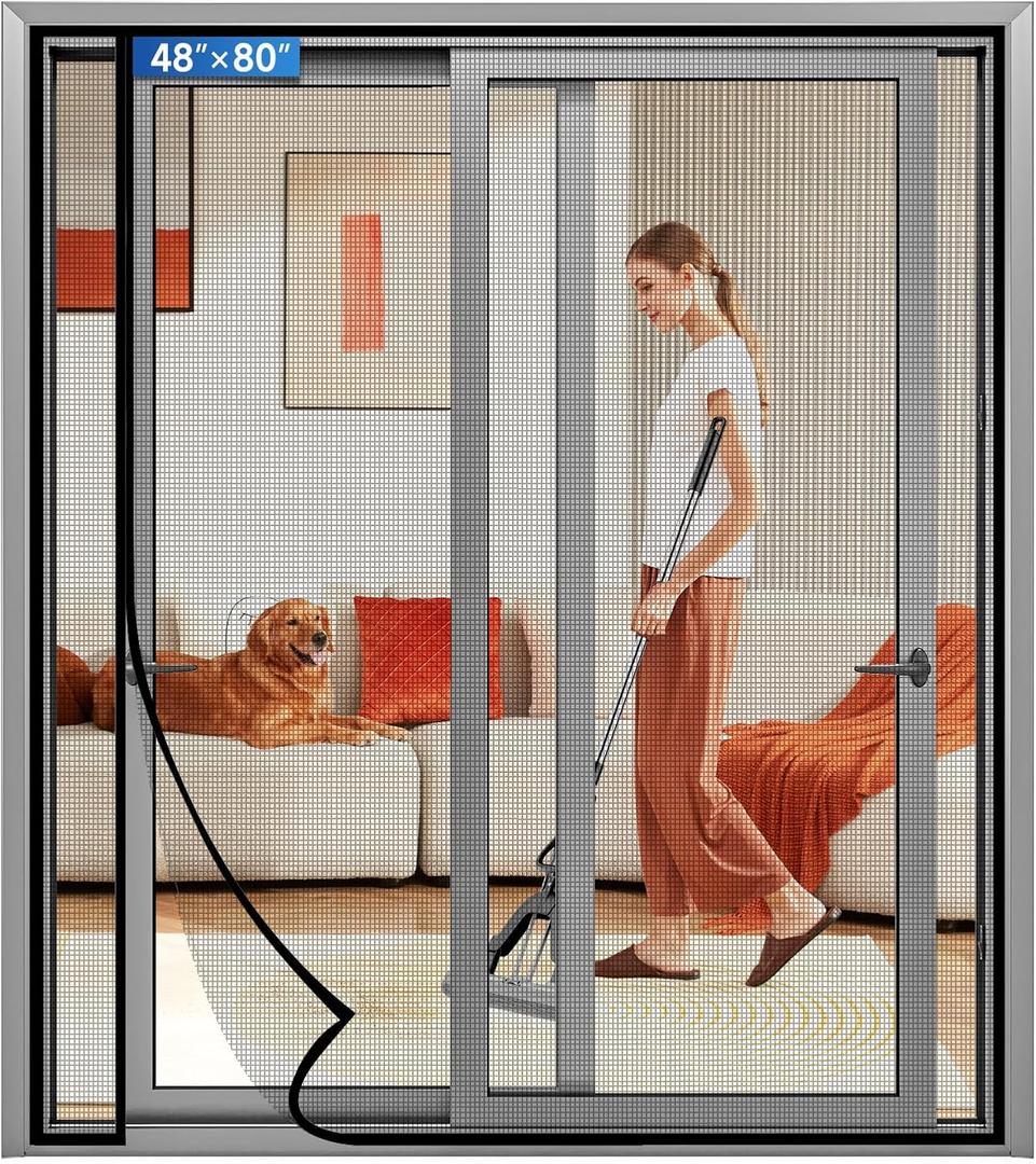 Magnetic Screen Door Left Right Side Opening Upgraded PET Mesh Greater Than Fiberglass and Polyester,Keep Bugs Out,Pet & Kid Friendly,Suitable for Sliding Doors,Patio French Doors-48" X 80" (Fit Door Size 4880 Inch, Black)