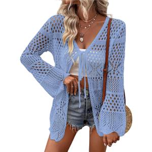 AI'MAGE Womens Kimono Beach Cover Up Crochet Swimsuit Coverups Summer Loose Knit Cardigans Causal Blouse Tops Swimwear Clear Blue M