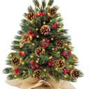 Realistic-Feel PE 24 Inch/2FT Small Tabletop Christmas Tree with Timer 40 Lights Battery Powered Cedar Norfolk Pine Tree 30 Red Berry 10 Pinecones Artificial Xmas Mini Xmas Tree Table Indoor Decor
