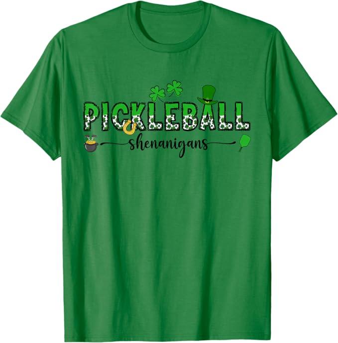 Cute Pickleball Shenanigans Shamrock Clover St. Patricks Day T-Shirt, Size L