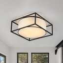 Semi Flush Mount Ceiling Light Fixture, 5-Light Fabric Drum Shade Lights with Black Metal Frame, Entryway Light Fixtures, Close to Ceiling Lights for Bedroom, Living Room, Kitchen, Hallway