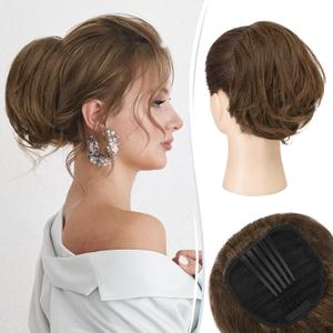 RUWISS Real Human Hair Bun Short Drawstring Ponytail Hair Pieces for Women, Natural Straight Updo Bun Comb Clip in Ponytail Extension for Women, Medium Brown