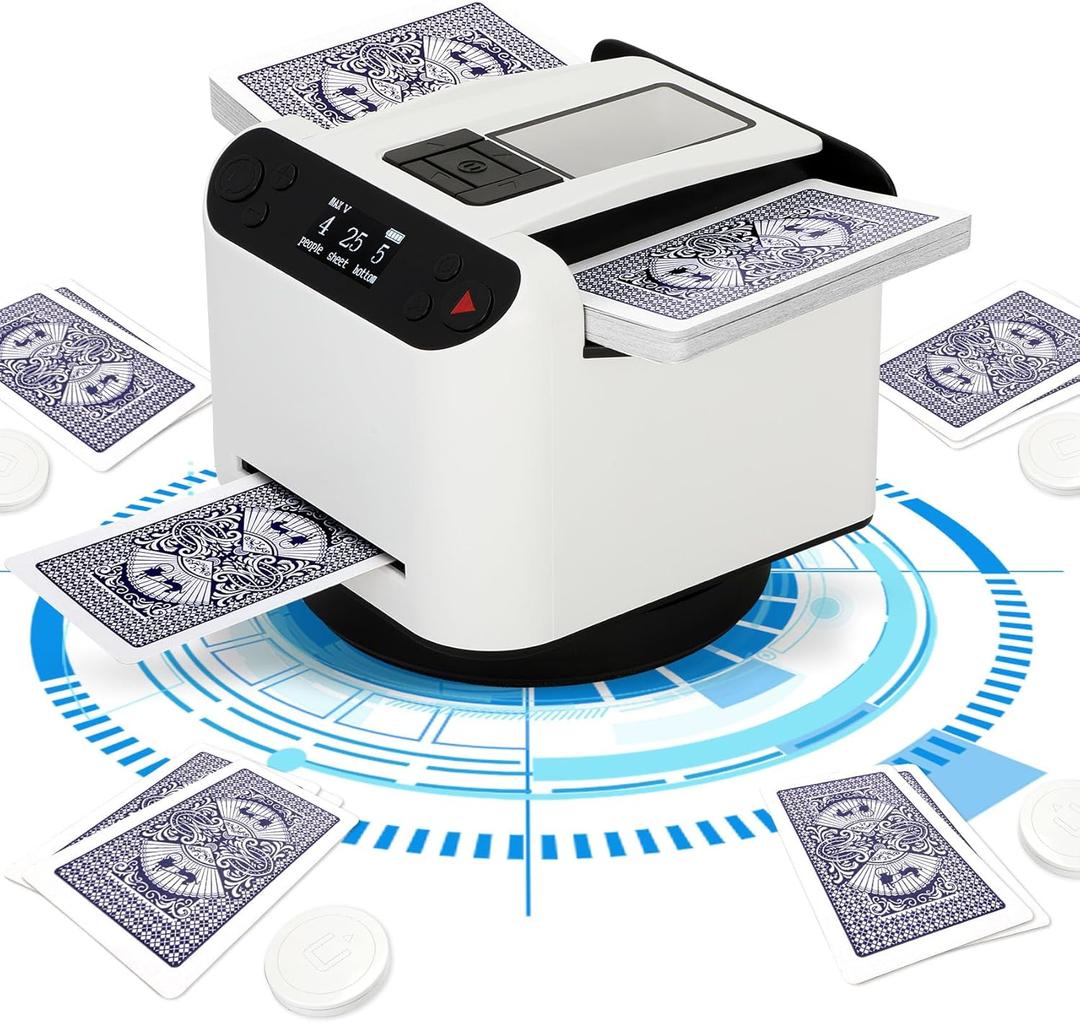 Automatic Card Shuffler and Dealer 180/360  Rotate (Used by 1-12 People),4 Wireless Remote Controls, Can Set Card Dispensing Distance, One Click to Set Whipped Eggs/Landlord,Match Card (White)