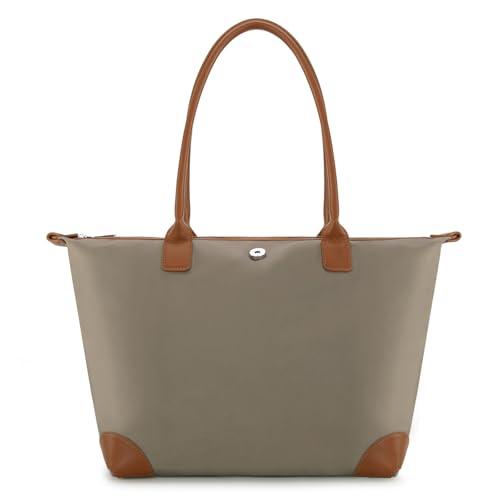 Milan Chiva Nylon Tote Bag for Women Large Shoulder Bag with Zipper Lightweight Foldable Work Tote for Ladies Handbag for Weekend and Everyday MC-536KH-BR