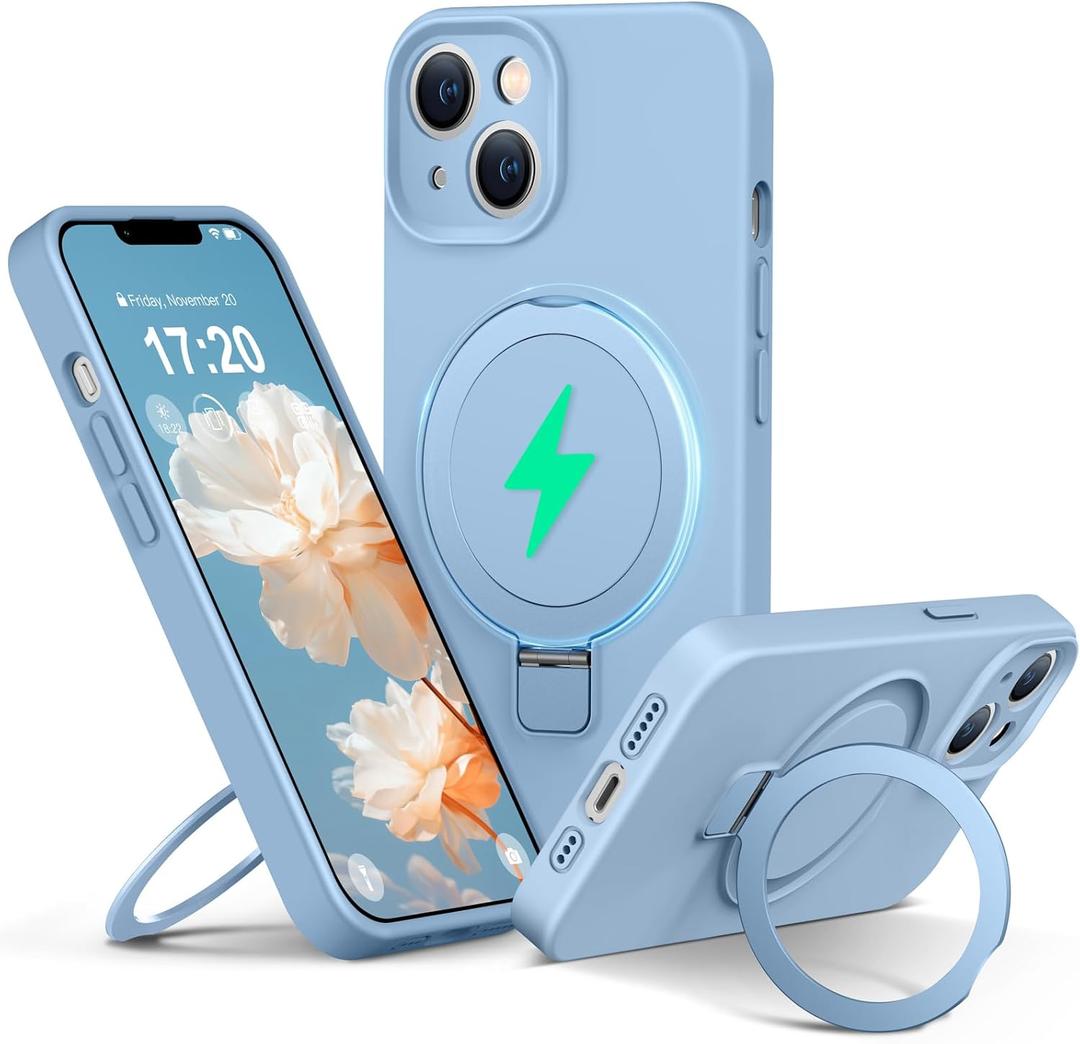 Liquid Silicone Case for iPhone 14 with Magnetic Ring Stand, Upgraded Camera Lens Protection, Mil-Grade Drop Shockproof, Anti-Scratch Microfiber Lining Silicone Case (Azure Blue)