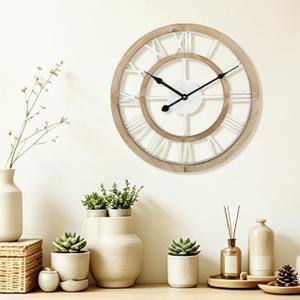 16 Inch Rustic Wall Clock Silent Non-Ticking Wooden Wall Clocks with Roman Numerals Farmhouse Decorative Clock for Living Room Bedroom Office (Light Lvory)